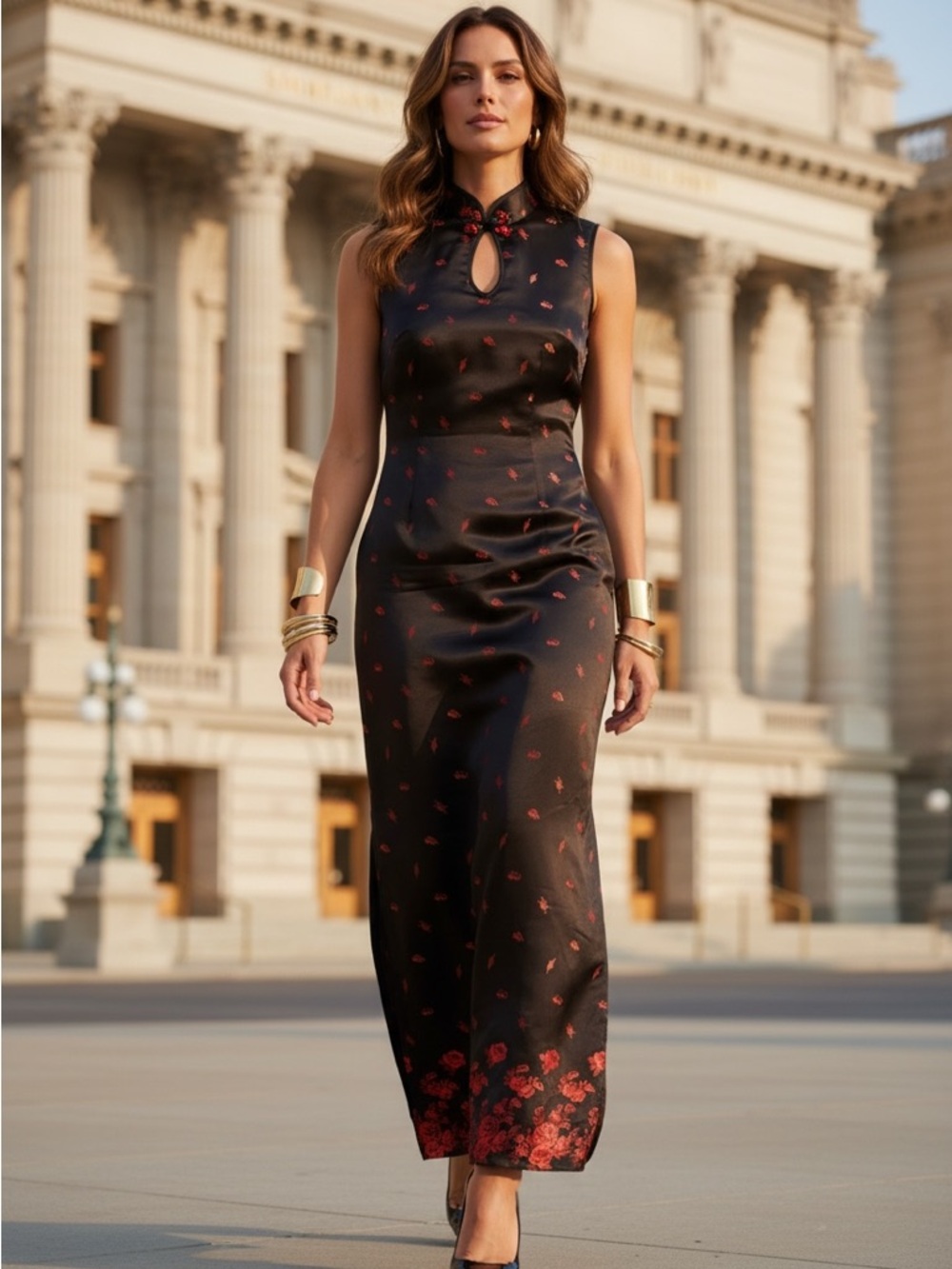 bebe Black Maxi Dress with Red Floral Print